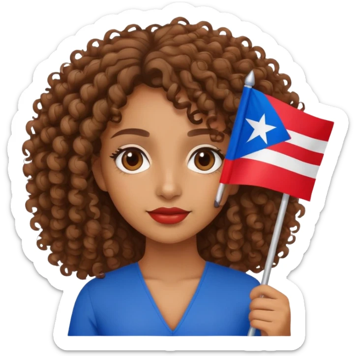 Brown girl with curly hair holding a Puerto Rican flag sticker