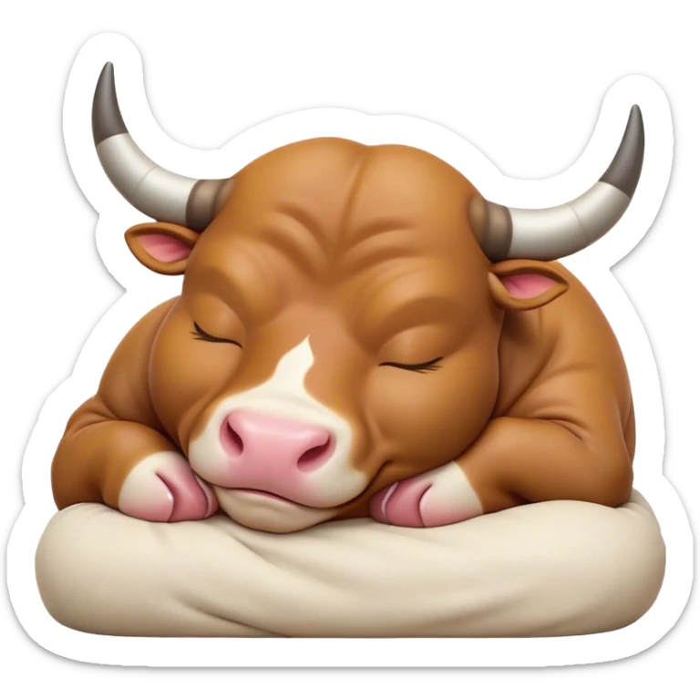 Meme-Worthy Cute Sleeping Domestic Bull Portrait Emoji, Head resting peacefully with a contented smile, showcasing a robust, muscular build and a luxuriously soft coat, eyes gently closed in serene, restful slumber, Simplified yet hilariously adorable features, highly detailed, glowing with a soft, drowsy natural light, high shine, relaxed and utterly lovable, stylized with an air of playful laziness, soft glowing outline, capturing the essence of a sleeping domestic bull that feels destined to become the next viral sensation of adorable rest! sticker
