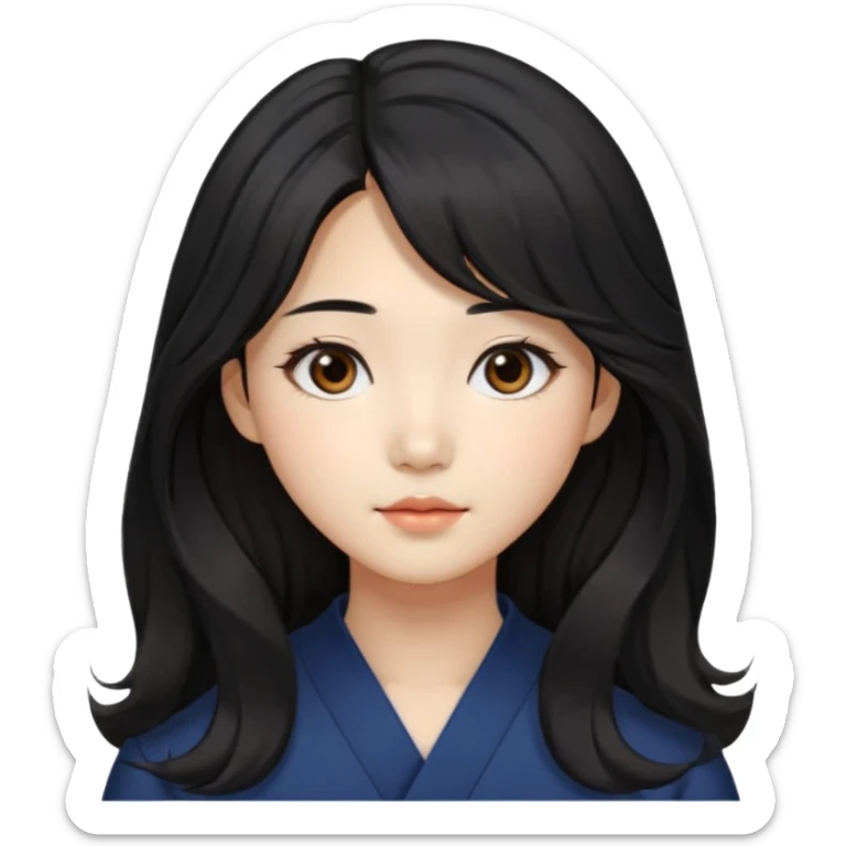 Korean girl with long black hair that is slightly wavy, with a middle part and face framing hairstyle. Asian eyes, brown colored eyes sticker