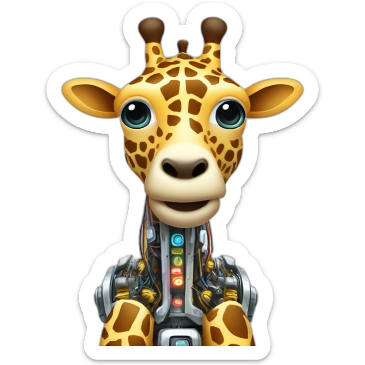 Una girafa robotica con patrones de circuitos brillantes en su piel, piernas con juntas móviles y piezas de metal relucientes sticker