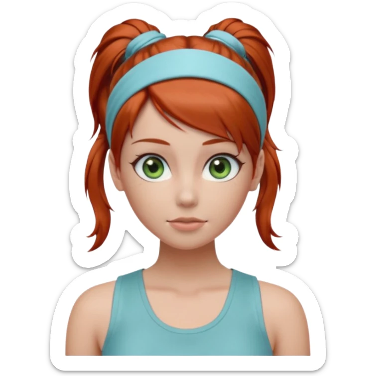 Emoji-style 3D female avatar with fair skin, large green eyes, soft makeup, and auburn-red hair tied in a high ponytail with a light blue hairband.
Wearing a light gray sleeveless tank top, centered front view, smooth realistic shading, clean lighting, isolated background, polished emoji realism. sticker