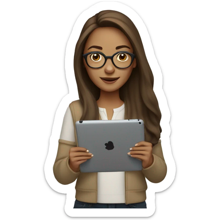 woman with long brown hair, light brown eyes, white glasses, with iPad in hand sticker
