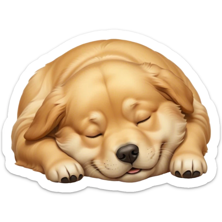 Cinematic Meme-Worthy Chubby Sleeping Golden Retriever Portrait Emoji, Head resting peacefully with a contented smile, showcasing a delightfully chubby build and a luxuriously soft golden coat, eyes shut in a serene nap, Simplified yet hilariously adorable features, highly detailed, glowing with a soft, drowsy light, high shine, relaxed and utterly lovable, stylized with an air of playful laziness, bright and heartwarming, soft glowing outline, capturing the essence of a comically sleepy companion, so meme-worthy it feels like it could instantly become the next viral sensation of adorable slumber! sticker