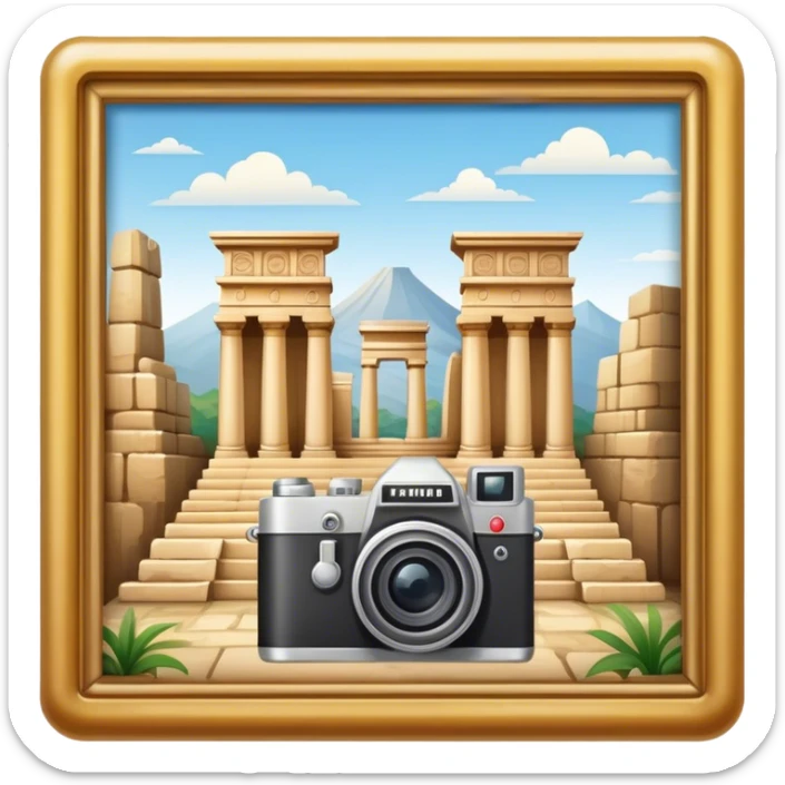 Icon for Historical and Cultural Tourism: iconic landmarks like ancient ruins, a museum and a historical monument, with a travel guidebook and camera. The icon should capture the exploration of history and culture. Transparent background. sticker