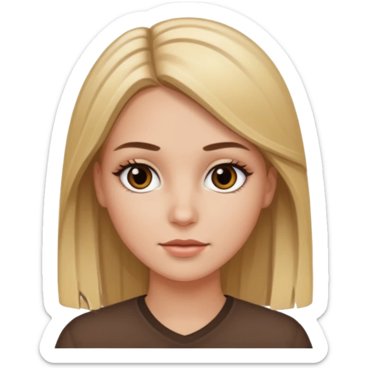 Make a white girl with black eyes, brown straight hair with brown hair and blonde highlights sticker