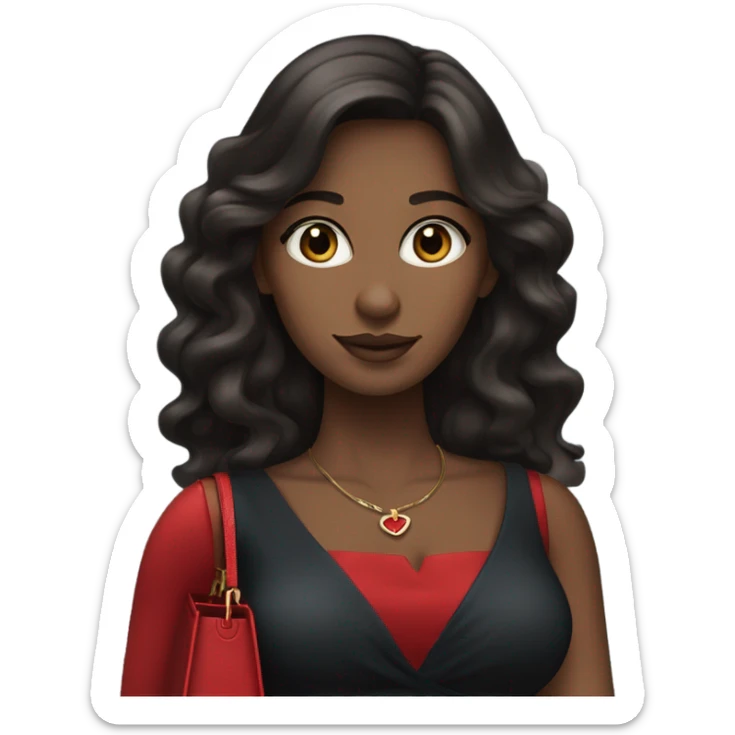 A woman with long wavy dark brown hair,fair skin and blue eyes,in a black dress holding a red birkin bag sticker