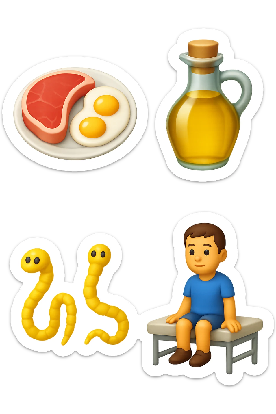 emoji stile iphone di UN PIATTO CON CARNE ROSSA E UOVA, UNA BOTTIGLIA DI OLIO DI SEMI, DUE PARASSITI TIPO LA TENIA, UOMO SEDUTO SU UN LETTINO DA FISIOTERAPISTA, IPERREALISTICO 4K sticker