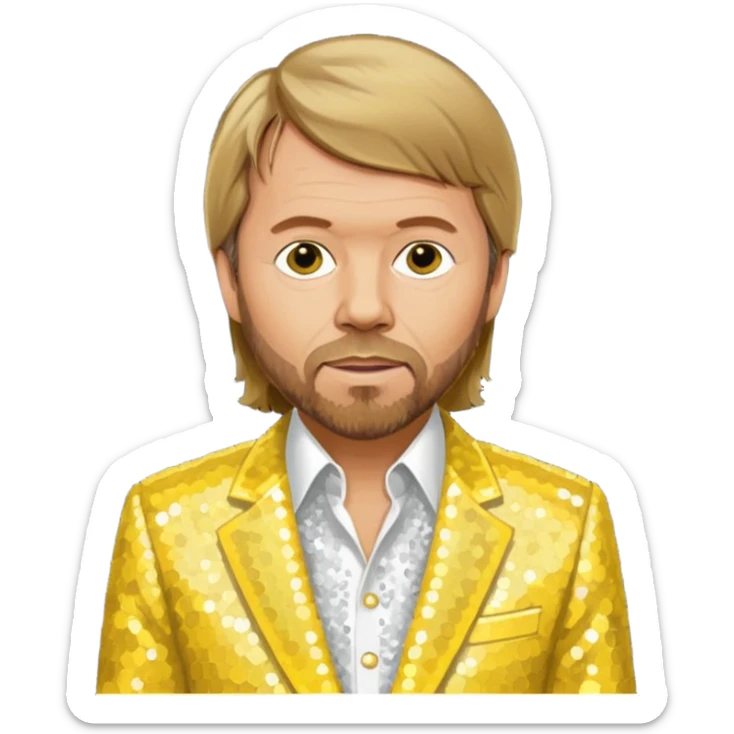Björn Ulvaeus from ABBA with dark blonde hair, yellow sequin shirt, white sequin suit jacket sticker