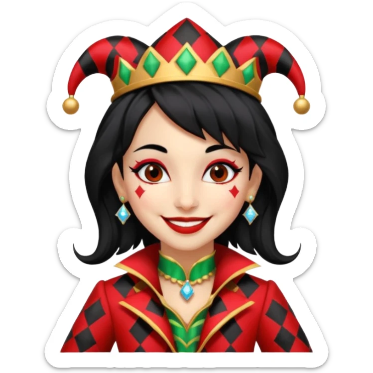 Jester girl, black and red suit, black hair, harley quinn sticker