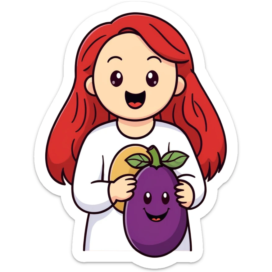 A girl with long red hair with the mouth open and an eggplant on the hand and a quote with the writing Octavian sticker