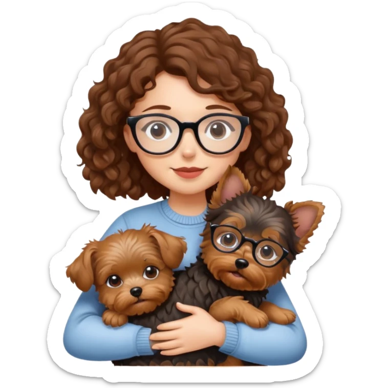 Girl with brown curly hair and glasses hugging a yorkshire terrier dog sticker