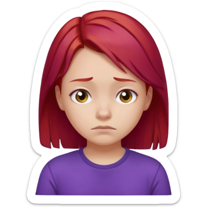 Young girl with red hair, wearing a purple T-shirt, with a sad face. sticker