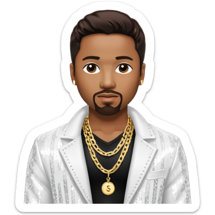 Teddy Riley with dark brown hair, white sequin jacket, shirtless with necklace sticker