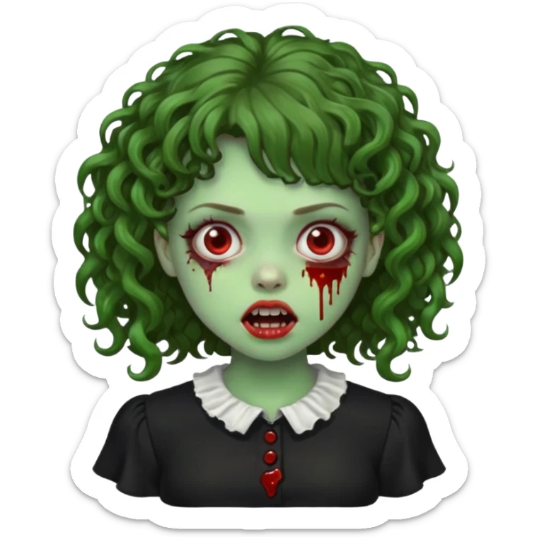 Green zombie emoji girl with curly Brown hair, with curly bangs, wearing a black bluse, blood Just in the tongue  sticker