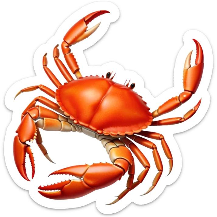 Cinematic rich crab legs, bright red shell glistening, cracked open to reveal tender white meat, warm golden highlights, detailed and delicious. sticker
