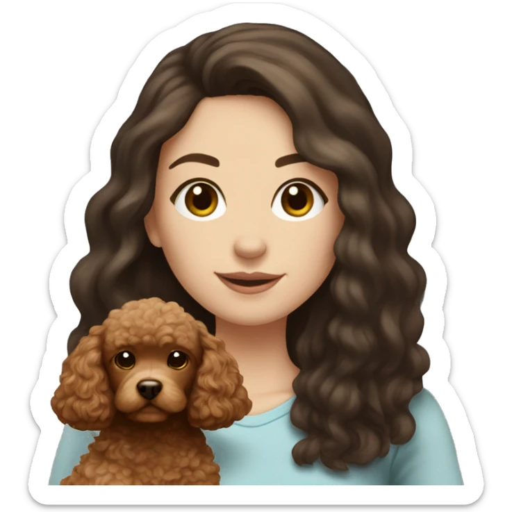 white girl with long dark hair and holding a brown toy poodle  sticker