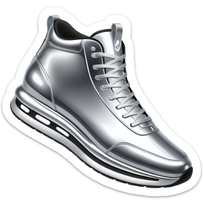 A pair of futuristic sneakers emoji made of silver chrome, sleek streetwear design, smooth metallic panels, subtle reflections, luxury swag aesthetic, iOS emoji style, centered, clean white background sticker