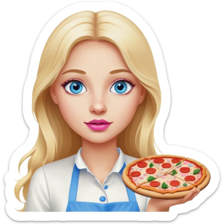 Cinematic realistic beautiful blonde with long hair, blue eyes and pink lips in a white dress cooks pizza sticker