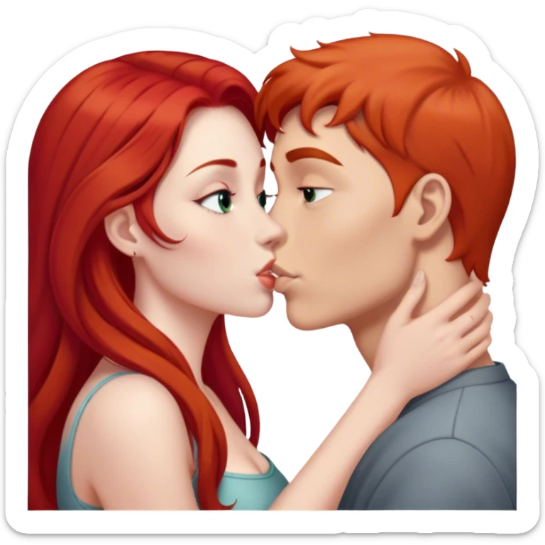 Long red hair woman and young short gray hair man kissing sticker