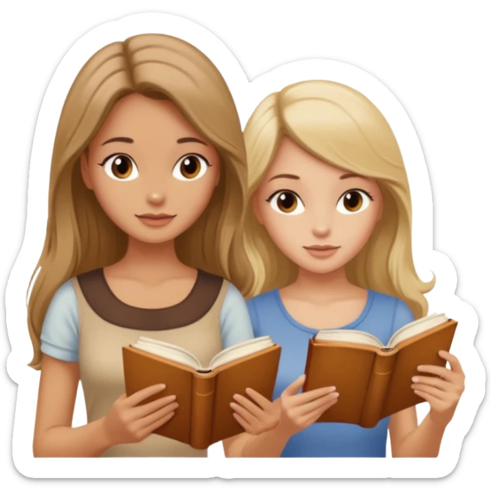 two beautiful girls in beige tops reading a beautiful vintage book. one is brown-haired, the other is blonde. both have long hair with sticker