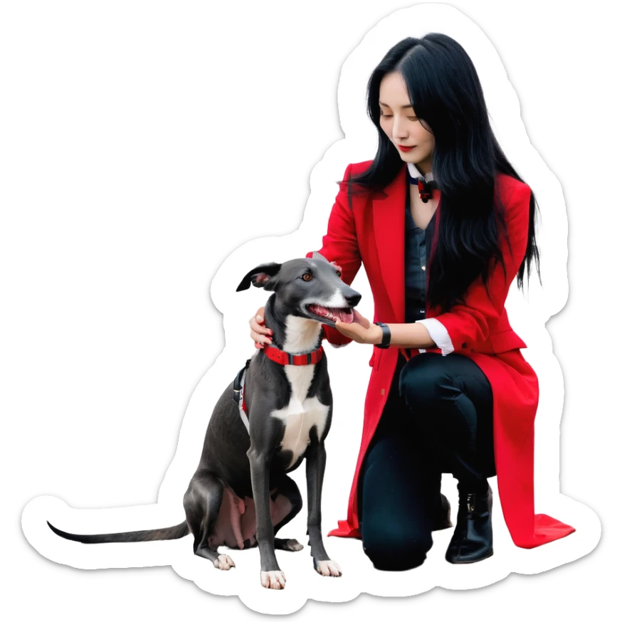 A very beautiful and attractive 25-year-old Japanese woman with long flowing black hair gently petting a SOLID DARK GREY whippet wearing a bright RED COLLAR on a beach at night under a starry sky. The woman's hand is lovingly stroking the whippet. The whippet MUST be COMPLETELY SOLID DARK GREY with ABSOLUTELY NO WHITE MARKINGS ANYWHERE - no white chest, no white face, no white paws, no white tip on tail - ENTIRELY ONE SOLID DARK GREY COLOR throughout the entire dog, but with a distinct red collar. Deep blue night sky filled with bright stars, moonlight reflecting on the ocean, sandy beach in the foreground. sticker