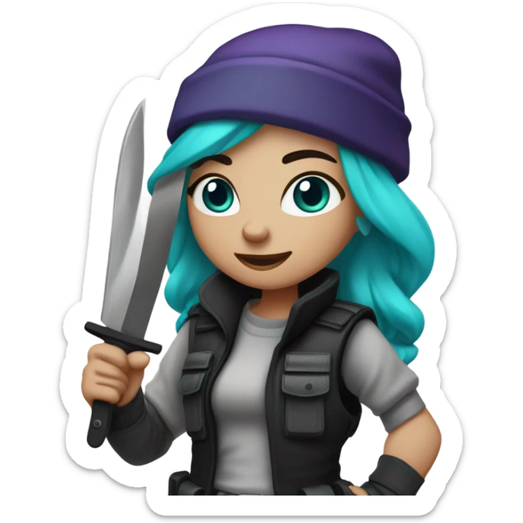Girl, white skin, tactical vest, dark pants, long teal purple hair, blue eyes, black beanie hat, knife, black combat boots sticker