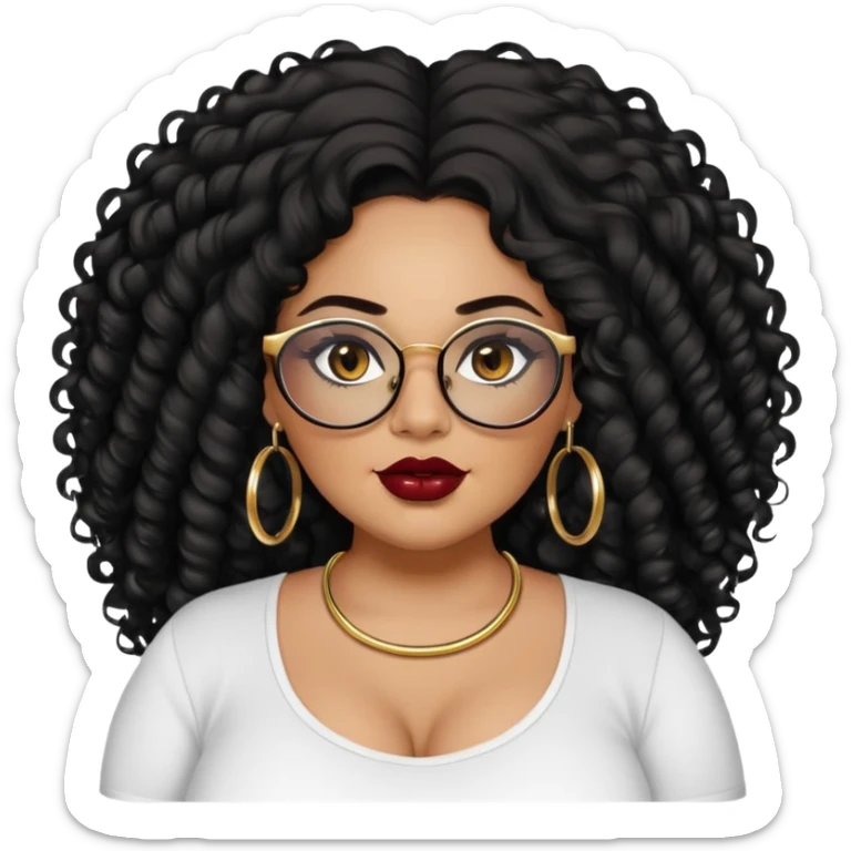 big plus size, latina, darker tan skin, gold hoops, long black curly hair, baddie,pretty, makeup, dark red lipgloss, black eyeliner, long hair, black shirt, black glasses sticker