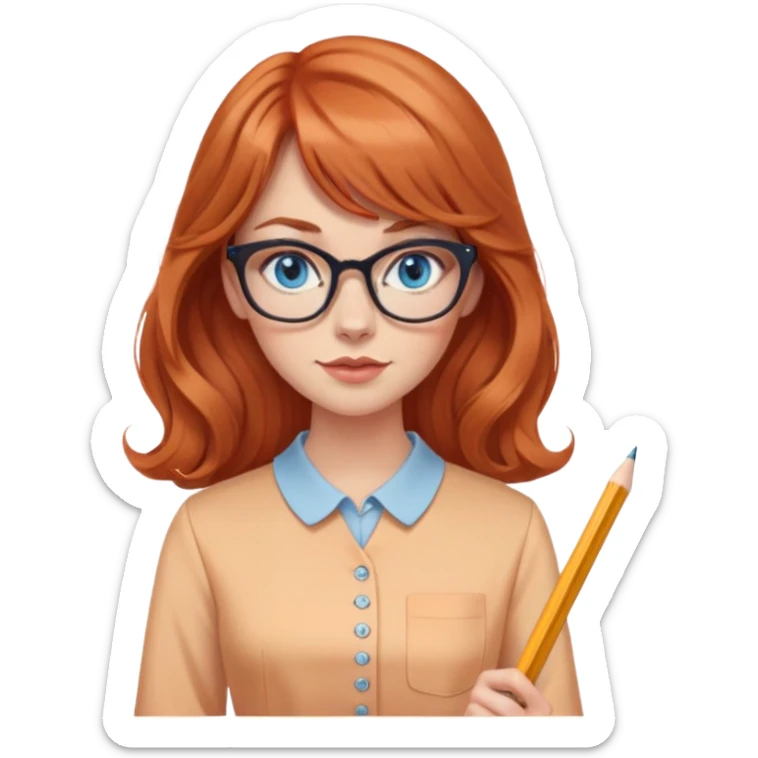redheaded woman with long wavy hair and bangs, blue eyes, cat-eye glasses, pencil skirt, apricot blouse, holding a pencil sticker