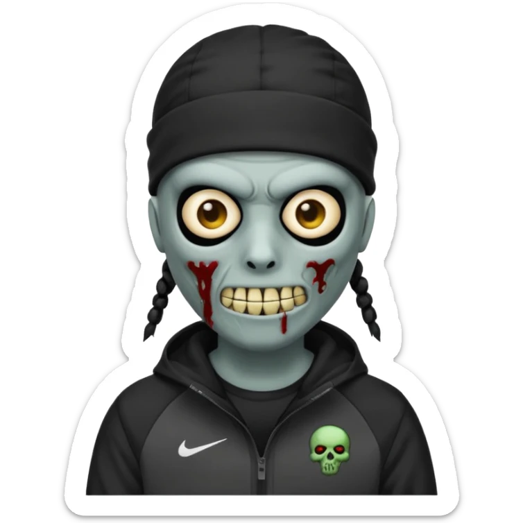 a zombie emoji with black dreads and a black nike jacket and black nike ski mask on his head sticker
