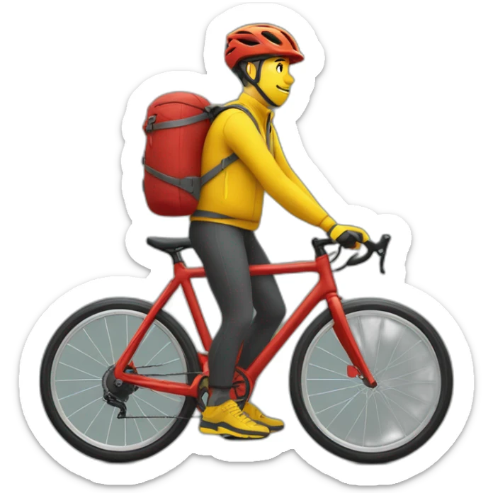 Homme en tenue jaune qui fait de la livraison à vélo avec un sac rouge cubique sticker