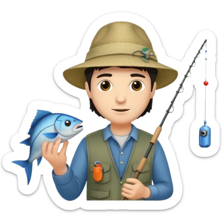 GRANJERO PIEL CLARA Y PELO OSCURO  CON CAÑA DE PESCAR Y UN PESCADO EN LA CAÑA QUE SEA HOMBRE sticker