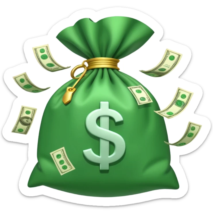 

3D emoji style, big bag of money, flying dollar bills, rich casino vibe, smooth lighting, high detail, clean edges, transparent background



 sticker
