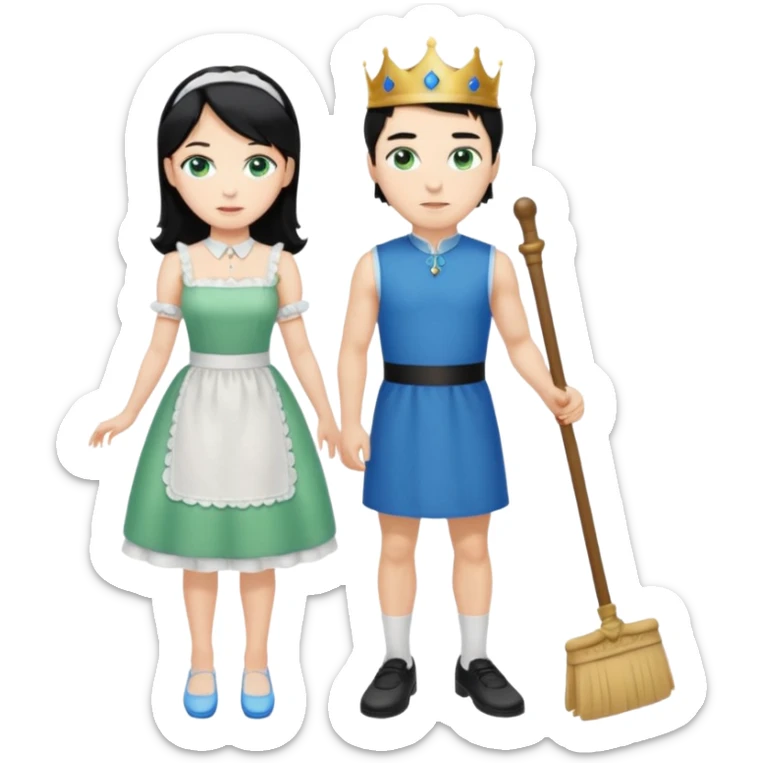 King, black hair, body, legst, blue eyes, shoes, maid blonde hair, green eyes, sexy short sleveless White dress, shoes sticker