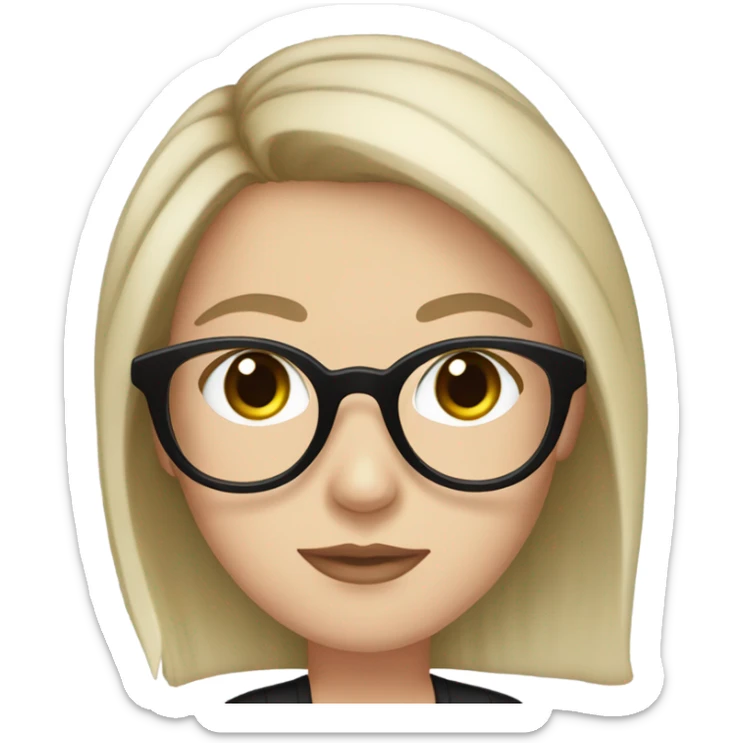 A white girl with brown hair and greenish brown eyes with black glasses, long eyelashes and pink lip ￼ sticker