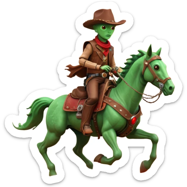 An alien cowboy riding a mechanical horse across a red Martian desert, two moons in the sky, dust storm swirling, wide cinematic shot, dramatic composition, hyper detailed, sci-fi western fusion sticker