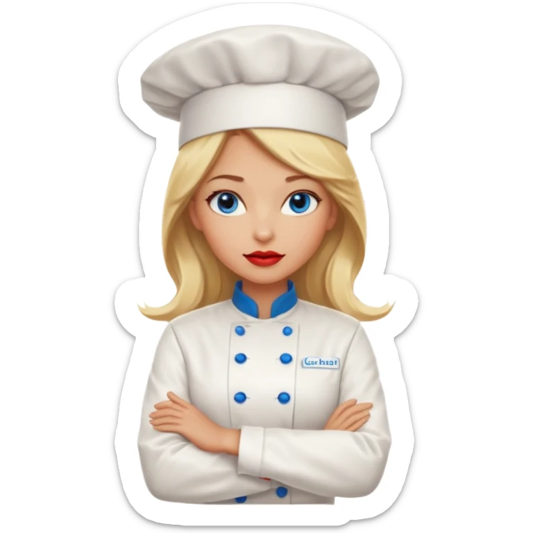 Beautiful, sexy,  long blonde hair, blue eyed, full red lips female chef arms folded  sticker