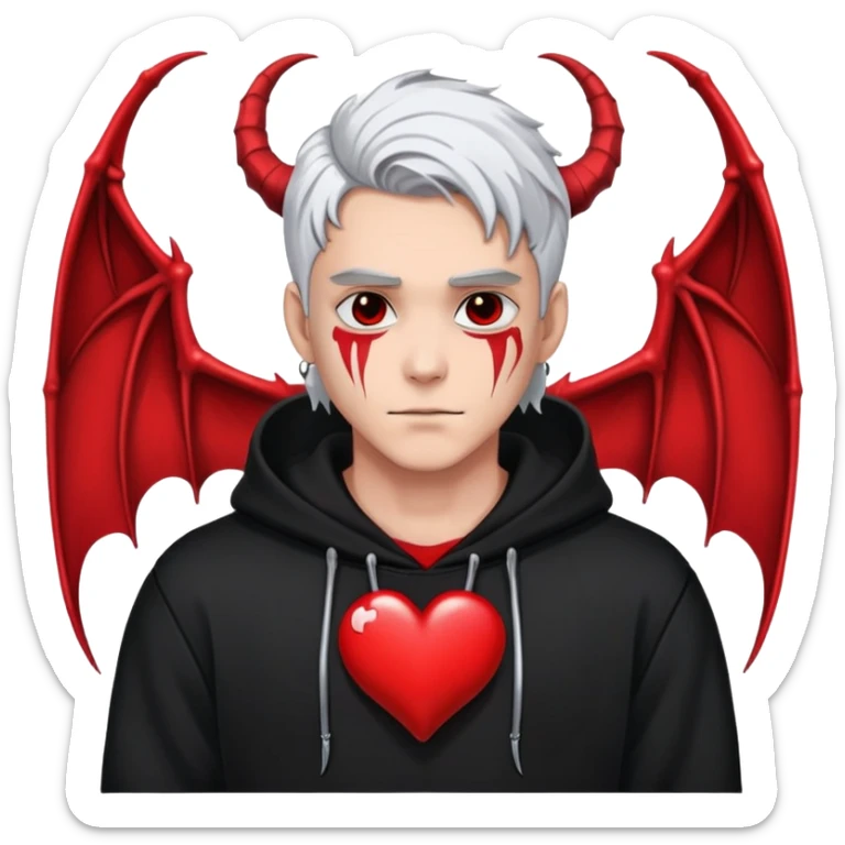 man with black and white hair, half black face, red horns, black hoodie, red wings, dragon skeleton, heart necklace sticker