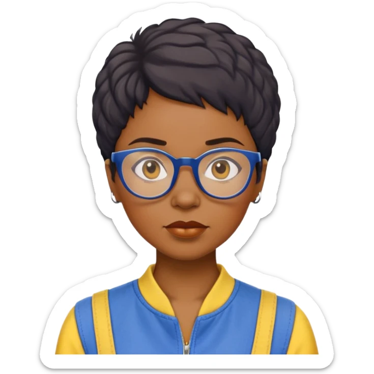 stern Black woman with short textured hair, glasses, wearing blue and yellow jumpsuit, front-facing sticker