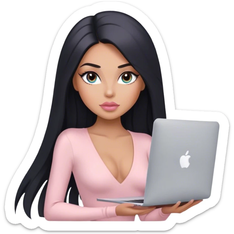 Glamours, tanned, very beautiful girl, with big pump peach-beige-rose lips, long lashes, black straight smooth silky long hair, straight parting hair, blue-grey eyes, in light-pink bodysuit holding MacBook sticker