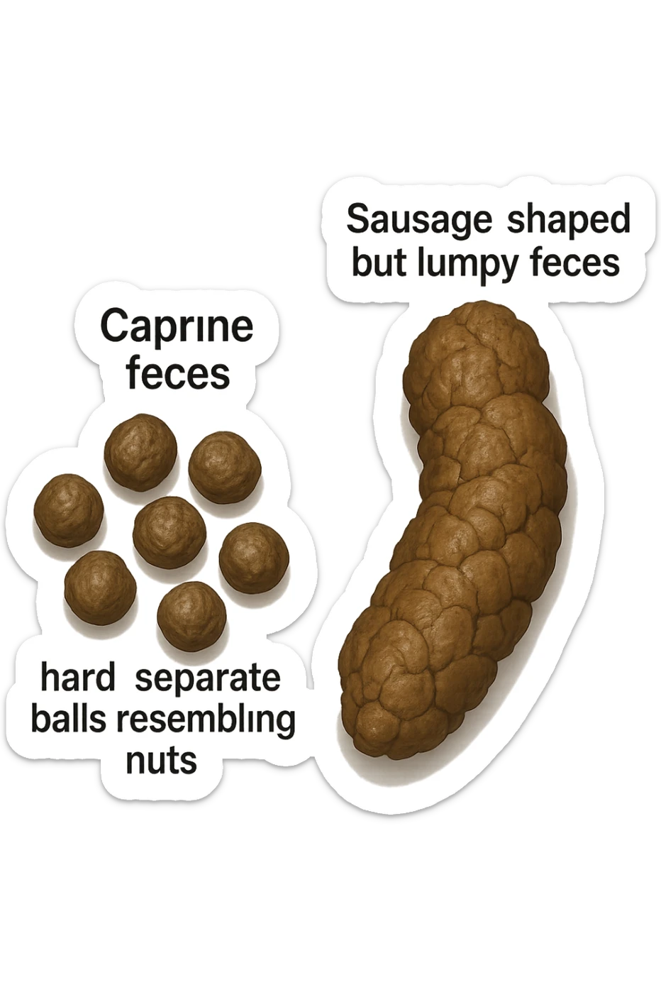 immagine di due tipi di feci iperrealistiche viste dall'alto con descrizione:
Tipo 1 – Feci caprine
Palline dure, separate, simili a noci

Tipo 2 – Feci a forma di salsiccia ma grumose
Massicce e disidratate.
 sticker