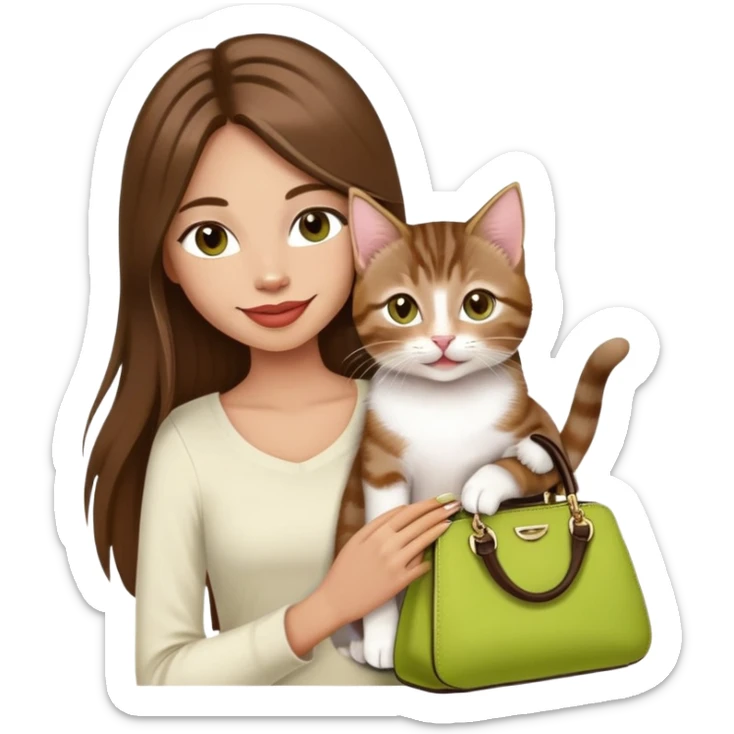 Woman with super long straight brown hair, rosy lips, chartreuse eyes, cute happy smile holding a white and brown tabby kitten, wearing a black purse sticker