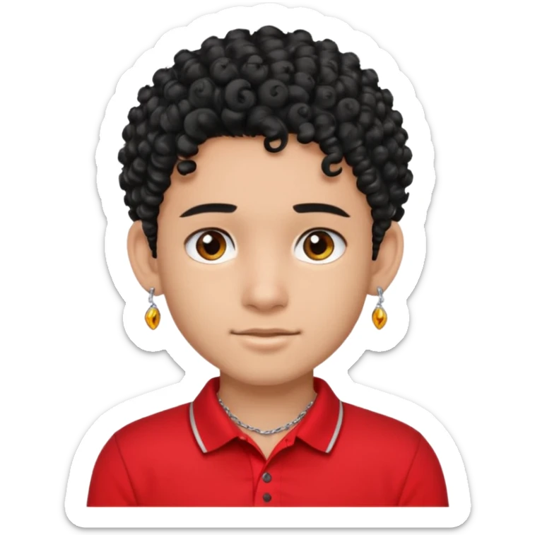teen boy, indian, black curly hair, undercut hairstyle, silver earring in one ear, red polo shirt, silver chain sticker
