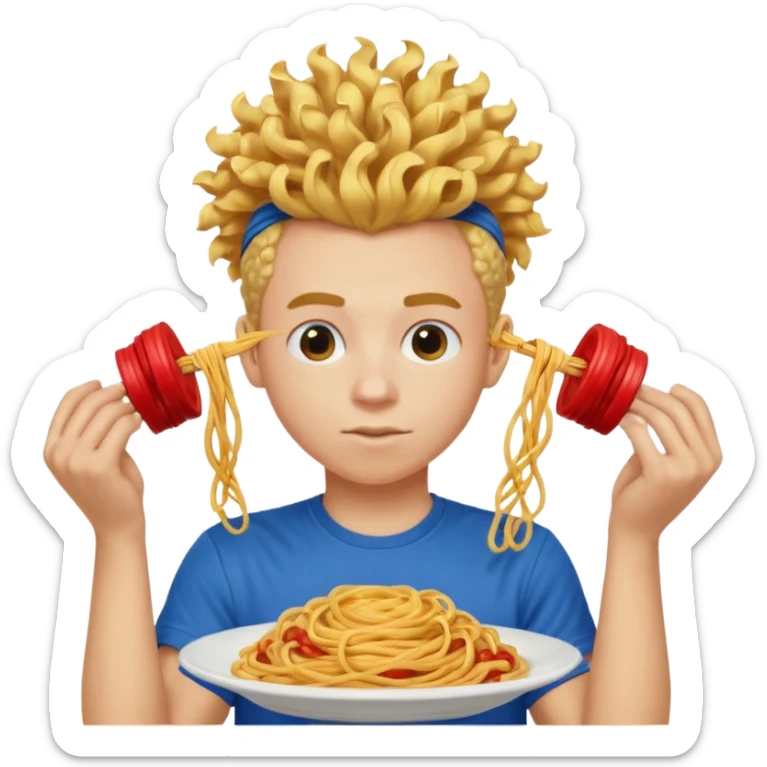 una persona de 18 años marron clarito con el pelo amrillo rizado con una camiseta roja y azul con un logo circular dorado y levantando unos spagethis y que tenga el pelo para abajo con boicano sticker