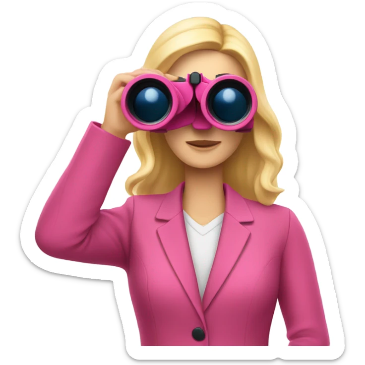 white female employee with pretty face and loose blonde hair wearing intensive color pink suit looking in binoculars sticker