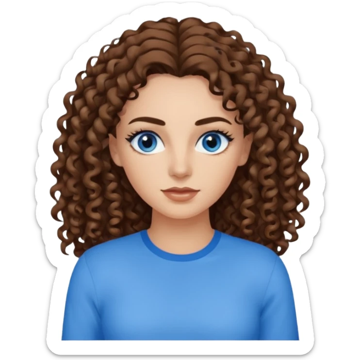 Woman with long curly brown hair, blue eyes, black eyelashes and dark brown eyebrows wearing blue long sleeved shirt  sticker