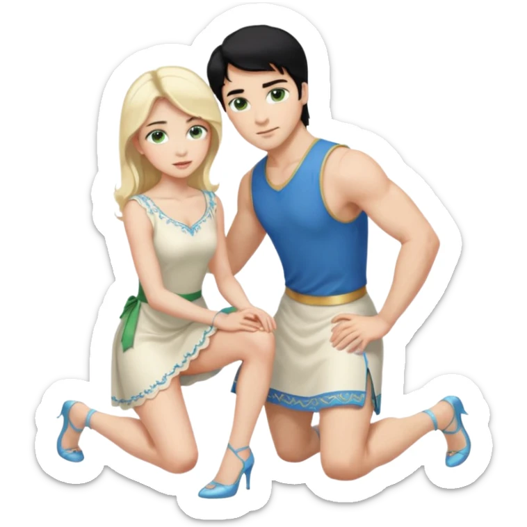prince, upright, black Hair, blue eyes, Woman, blonde Hair, Green eyes, bending knee, sleveless White Dress, sticker