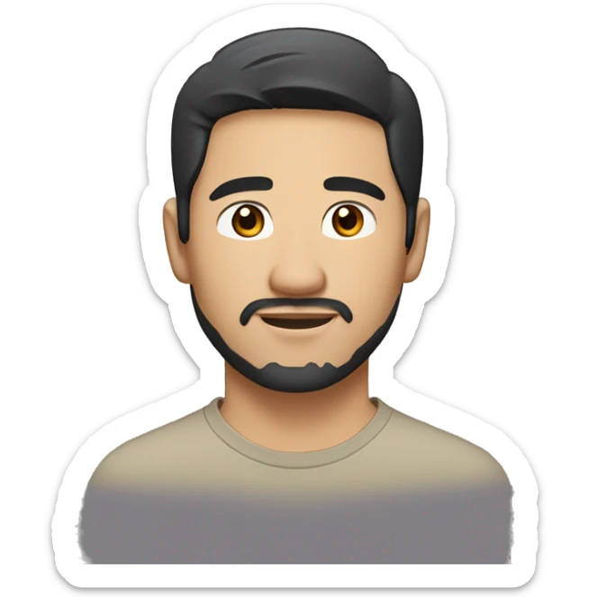 A head and shoulders shot of a 35 year old Asian man, with short black hair, with trimmed beard facial hair,   with brown eyes wearing a t-shirt. sticker