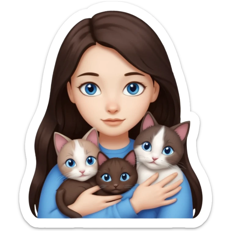 a pretty girl with long dark 
brown hair, with blue eyes, hugs 3 different natural coloured small cats sticker