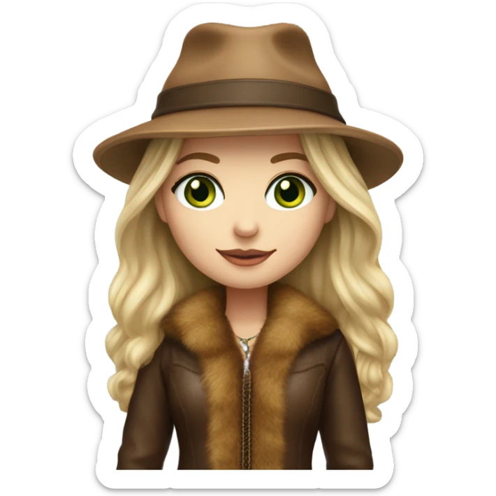 Realistic White girl with Long straight blonde hair, green eyes, tattoos, full body wearing Brown fur coat and fur hat and Brown leather boots sticker