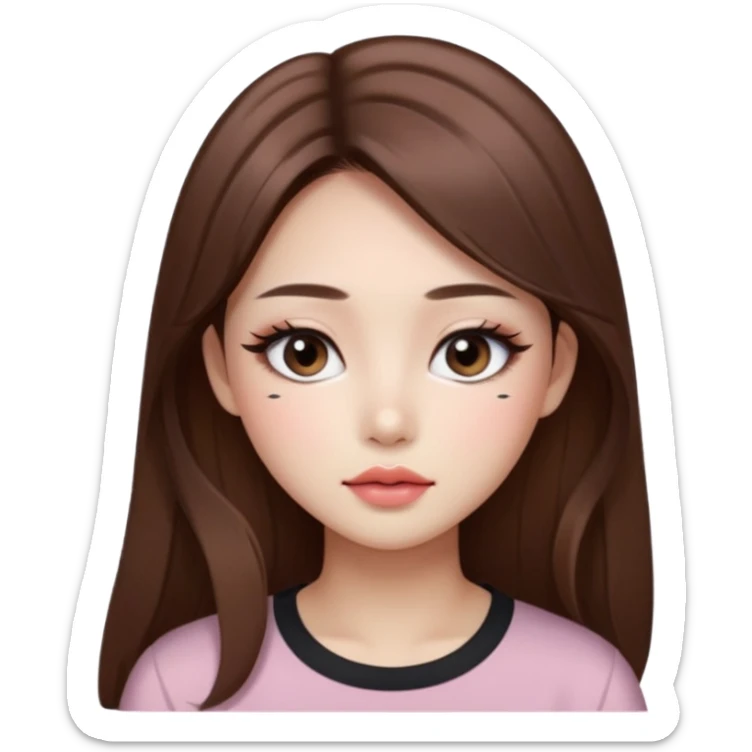 “korean straight long brown hair Emoji girl, soft eyeliner and blush, gradient lips, light brown shimmer eyeshadow sticker